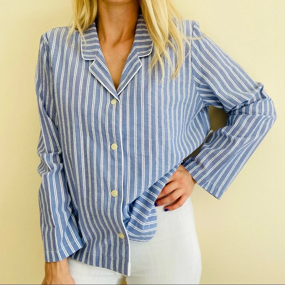 New Love By Gap White Stripe Long Sleeve Notch Button Front Sleepwear Shirt - Picture 5 of 9